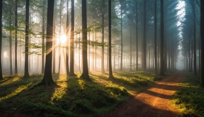 Obraz premium misty forest at sunrise with sun rays filtering through trees, tranquil atmosphere