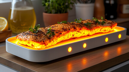 Delicious grilled salmon fillet on tech enabled plate, illuminated with warm light, garnished with herbs, creating inviting culinary presentation