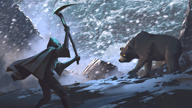 Fototapeta A hooded man holding an axe faces off against a large bear in a snowy wilderness, surrounded by icy terrain, digital art style, illustration painting