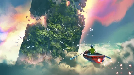 Fototapete A young boy rowing a flying boat through clouds towards a lush floating island, surrounded by seagulls and glowing skies, digital art style, illustration painting © grandfailure