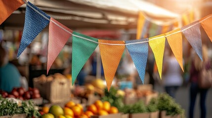 Fototapeta premium Close-up of colorful pennant flags at an outdoor market, blurred background with people, sunny and festive scene, dynamic colors, summer celebration vibes
