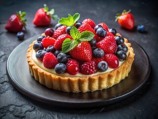 Fresh Berry Tart with Creamy Filling on Black Plate - Delicious Dessert, Gourmet Treat, Summer Fruits, Pastry Delight, Culinary Art, Vibrant Colors, Elegant Presentation, Food Photography