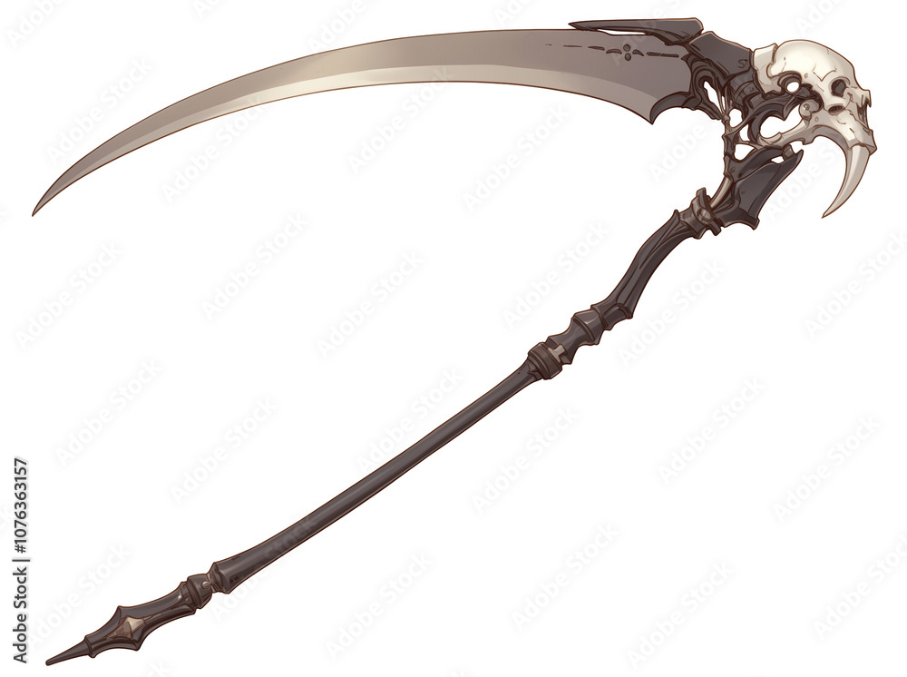 Aufkleber intricately designed scythe with skull motif and sharp, curved blade, isolated on white background, 