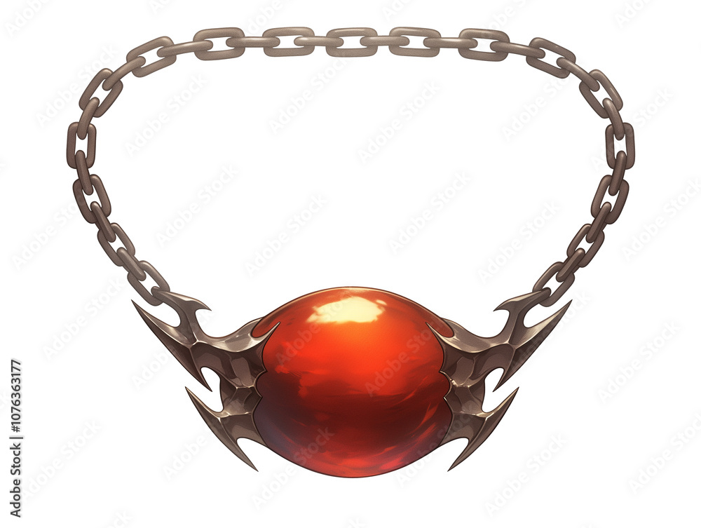 Poster mystical red amulet with metallic chain and intricate design, isolated on white background. amulet v