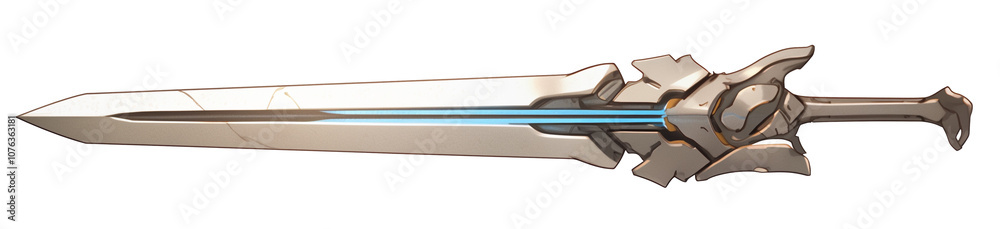 Poster futuristic sword with sleek design and glowing blue accents, isolated on white background. blade app