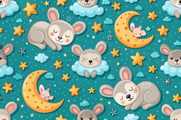 Adorable Sleeping Rabbit Koala Pattern on White Blue Background with Stars for Children's Room Decor and Playful Designs for Boys and Girls