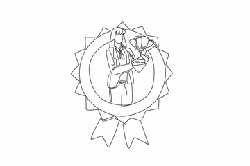 Continuous one line drawing woman in blazer raise the trophy proudly. Unwavering pursuit of success. Accomplishment. Victory. Employee Appreciation Day. Single line draw design vector illustration