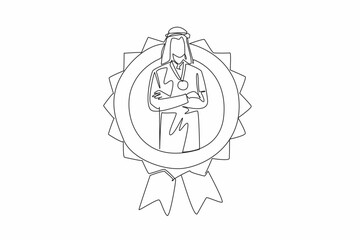 Fototapeta premium Continuous one line drawing Arabian man crossed arm on chest while medal around neck. Emphasizing the hard work behind success. Employee Appreciation Day. Single line draw design vector illustration