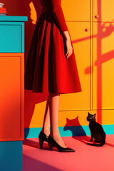 Stylish Contrast: Vintage Fashion and Modern Decor in Vivid Colors