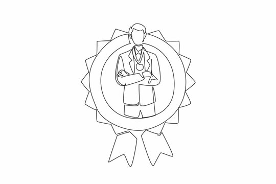 Single one line drawing man in suit and tie crossed arm on chest while medal around neck. Achieve remarkable success. Level up. Employee Appreciation Day. Continuous line design graphic illustration