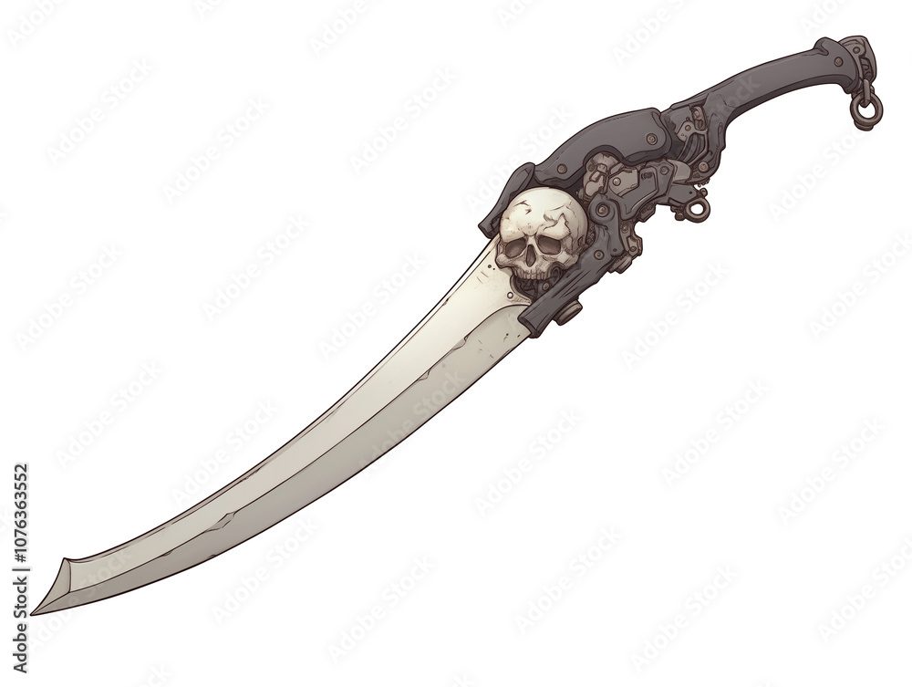 Poster menacing curved sword with skull adorned hilt, isolated on white background, showcasing intricate me