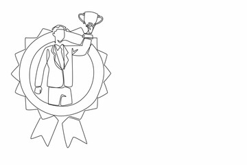 Single continuous line drawing man in suit and tie hold trophy. Success. Accomplishment, determination, and the pursuit of excellence. Employee Appreciation Day. One line design vector illustration