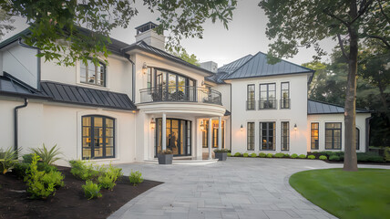 Obraz premium Luxurious modern home exterior with elegant architecture, large windows, and a landscaped front yard, showcasing a stylish driveway and inviting entrance. Perfect for real estate listings.