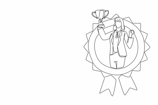 Continuous one line drawing woman in blazer holding trophy. Breaking gender barriers in the workplace. Professional achievement. Employee Appreciation Day. Single line draw design vector illustration