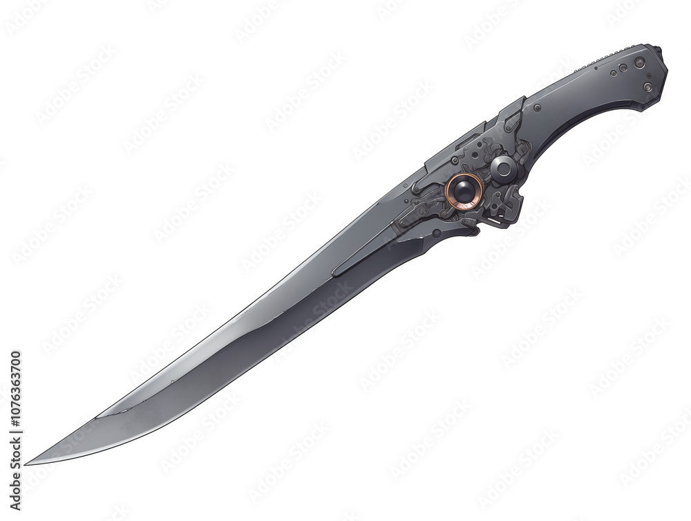Poster sleek, futuristic dagger with curved blade and intricate mechanical details, isolated on white backg