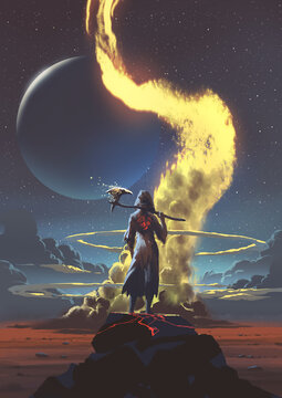 Fototapeta A powerful witch grips an axe in a magical, otherworldly landscape, exuding mystery and supernatural energy, digital art style, illustration painting