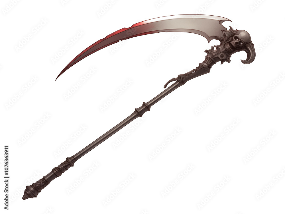 Poster spectral scythe with dark, ornate handle and sharp, curved blade isolated on white background. blade