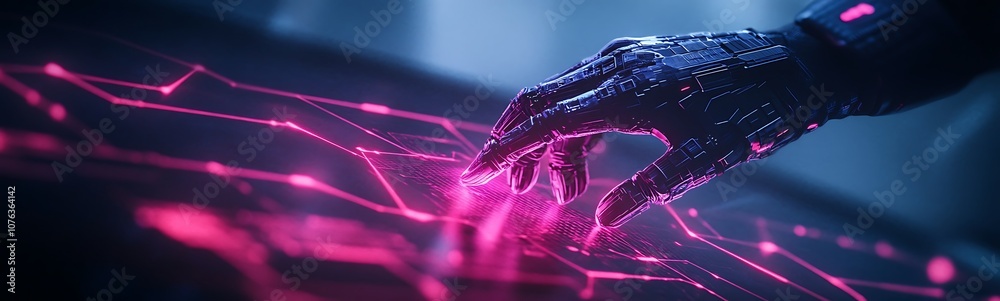 Poster a futuristic hand interacts with luminous circuitry, glowing in vibrant pink, symbolizing technology
