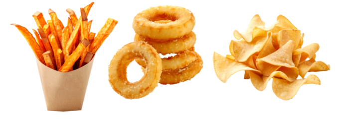 Crispy French fries, Tortilla chips and battered onion rings isolated on white transparent background