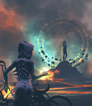 Fototapeta A fierce woman warrior faces off against a magical witch, surrounded by molten lava and a fiery, dramatic landscape, digital art style, illustration painting