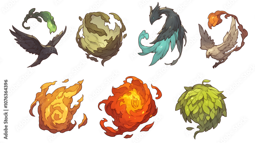 Aufkleber various fantasy style elemental icons featuring birds and swirling elements on white background. ico