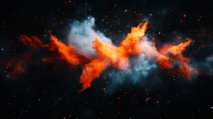 Abstract cosmic nebula with swirling fire and smoke against a black background with stars.