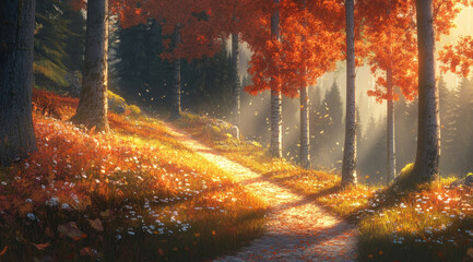 Winding Trail in Enchanted Autumn Forest, Sunlight Filtering Through