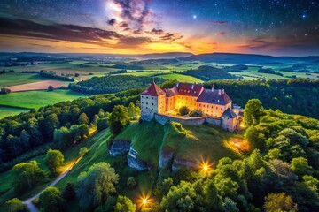 Fototapeta premium Aerial Night Photography of Olesko Castle in Ukraine Showcasing Illuminated Architecture and Surrounding Landscape Under a Starry Sky