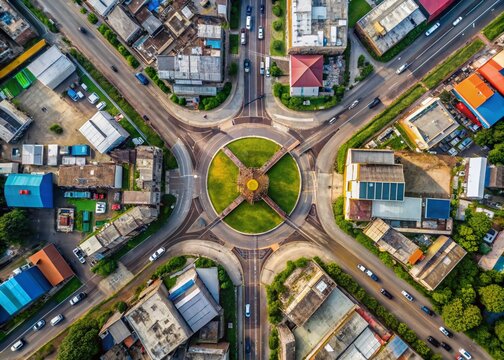 Aerial Minimalist View of a Road Junction in Douala, Cameroon Showcasing Urban Planning and Traffic Flow in a Vibrant African Cityscape