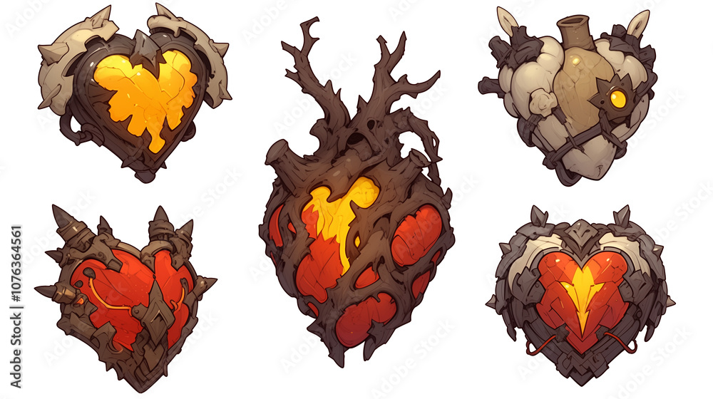 Poster various fantasy style heart icons with intricate designs and vibrant colors, featuring elements like