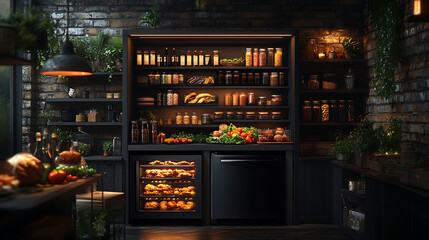well organized kitchen pantry filled with jars, canned goods, and fresh produce, showcasing variety of ingredients in cozy, rustic setting