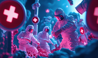 Exploring the Frontlines: Scientists in Hazmat Suits Combatting Viruses in a Contaminated Environment