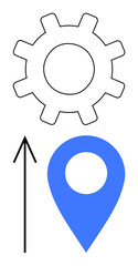 Gear icon above blue location pin with upward arrow representing growth, development, and direction. Ideal for navigation, travel, technical progress, business success, startups, project management