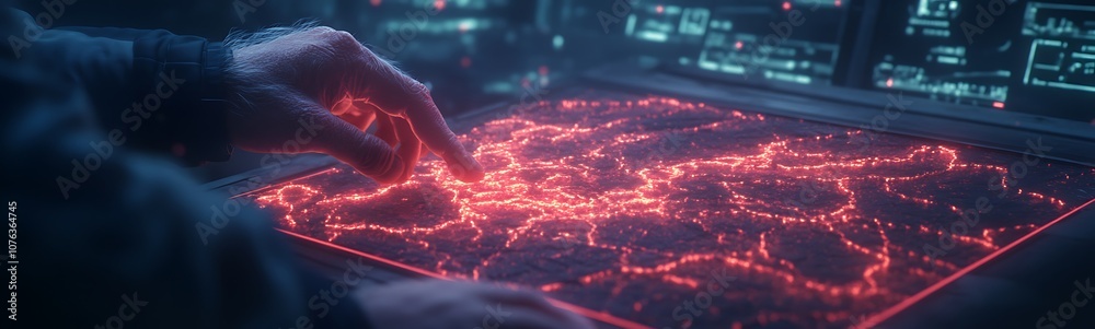 Poster A futuristic display shows glowing red network paths being manipulated by a hand, suggesting navigation or data analysis in a high-tech context.