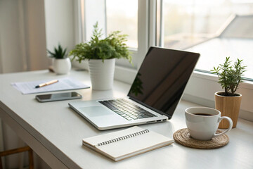 Modern Minimalist Home Office Workspace with Laptop, Notebook, and Coffee