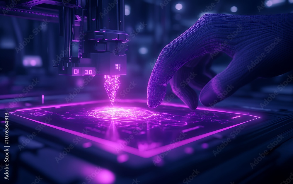 Poster a glowing purple holographic interface is being manipulated by a robotic hand, showcasing futuristic