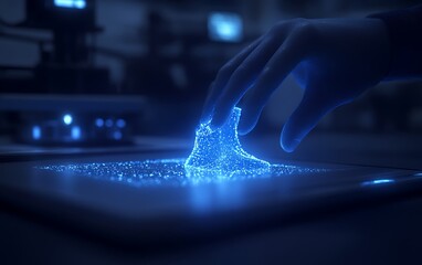 A glowing blue holographic figure is being manipulated by a hand, showcasing advanced technology and immersive digital interaction in a high-tech environment.