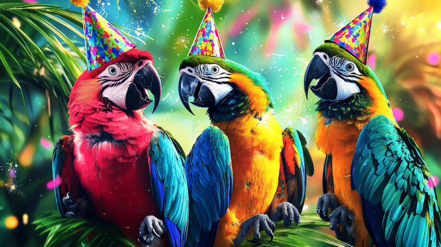 group of colorful parrots wearing party hats, celebrating joyfully in vibrant setting. Their feathers are bright and festive, creating lively atmosphere