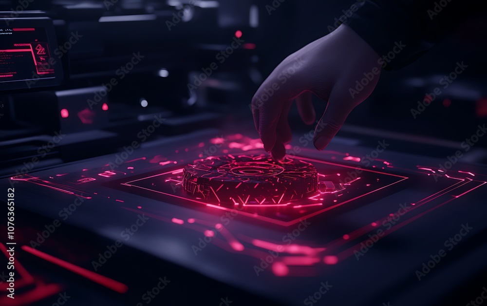 Aufkleber A hand interacts with a glowing, red digital interface, showcasing advanced technology and futuristic design elements.