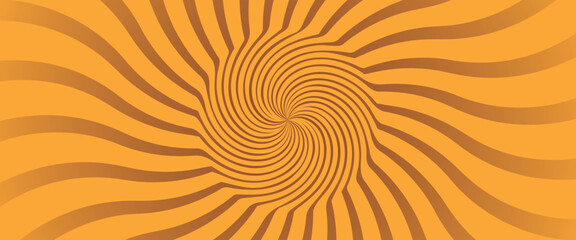 Swirling radial ice cream background. Orange groovy vortex spiral twirl. Twirl sunburst psychedelic pattern. Orange lollipop texture. Swirl candy background. Vector illustration.