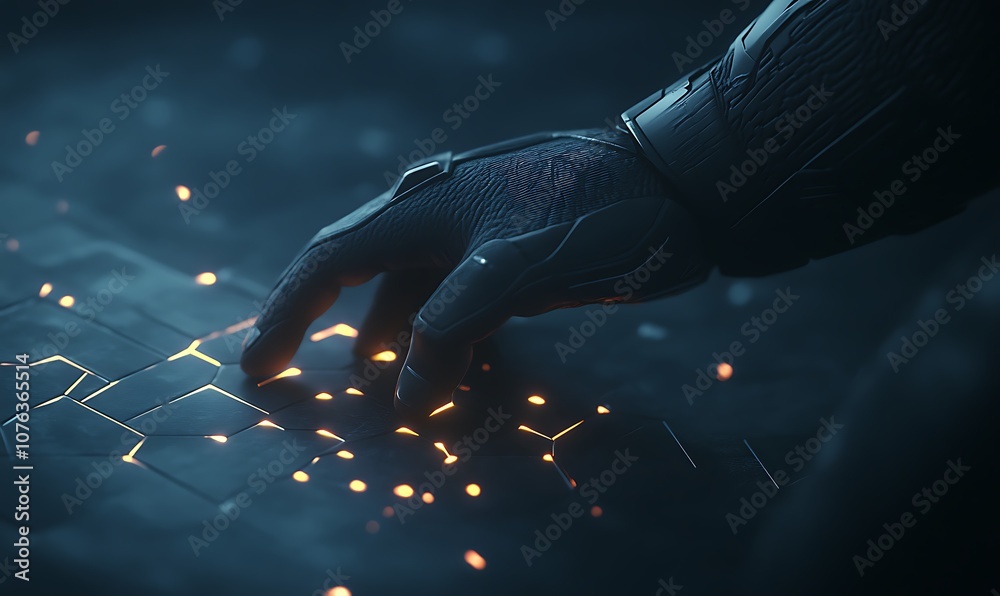Poster a futuristic hand interacts with a glowing interface, displaying intricate designs and bright lights