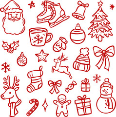 Christmas line art illustration set, cute cartoon festive holiday doodle clip art vector collection, isolated