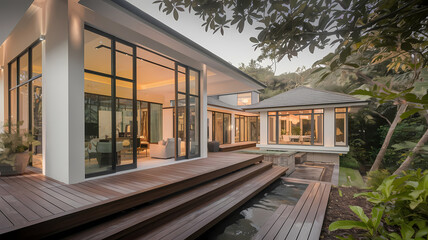 Fototapeta premium Modern architectural home with large glass windows, wooden deck, and natural surroundings, creating a harmonious blend of indoor and outdoor living spaces. Stylish and inviting design.