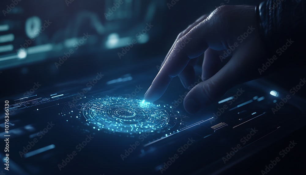 Poster A hand interacts with a glowing digital interface, showcasing a cosmic design, symbolizing advanced technology and data interaction.