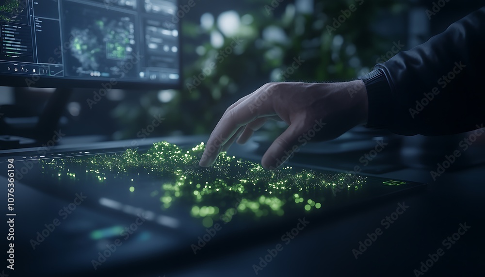 Fototapete A hand interacts with glowing particles on a digital interface, surrounded by a modern workspace and plants, suggesting a blend of technology and nature.
