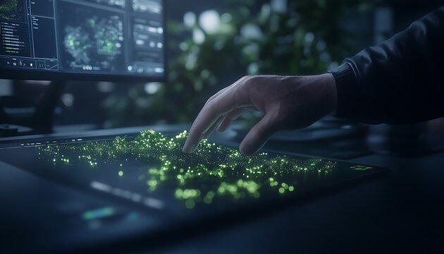 A hand interacts with glowing particles on a digital interface, surrounded by a modern workspace and plants, suggesting a blend of technology and nature.