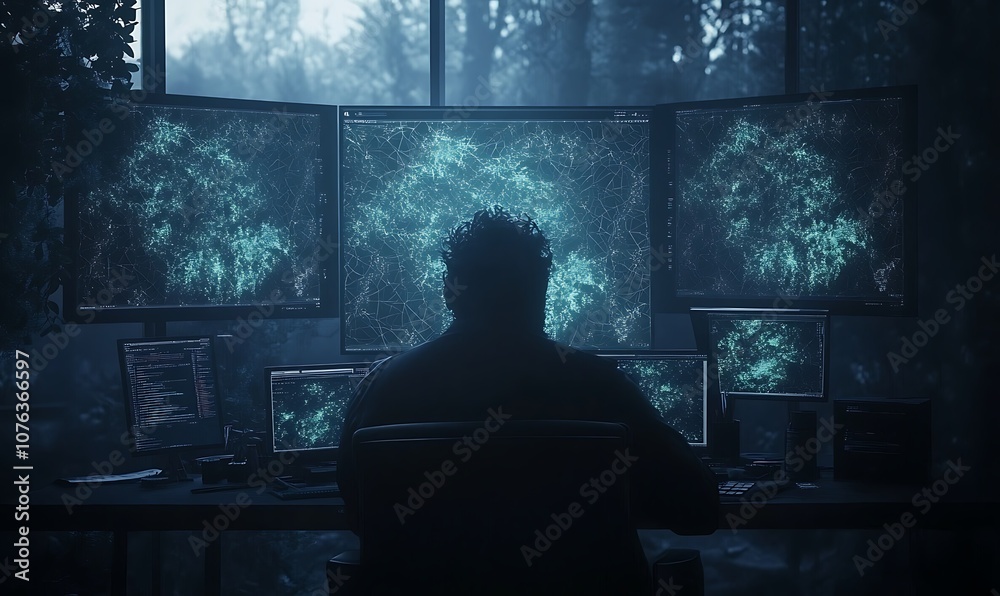 Aufkleber a figure sits before multiple glowing screens in a dimly lit environment, surrounded by nature, sugg