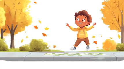 a 2D cartoon illustration of a child playing with a toy train set, happy and focused, white background--ar 16:9