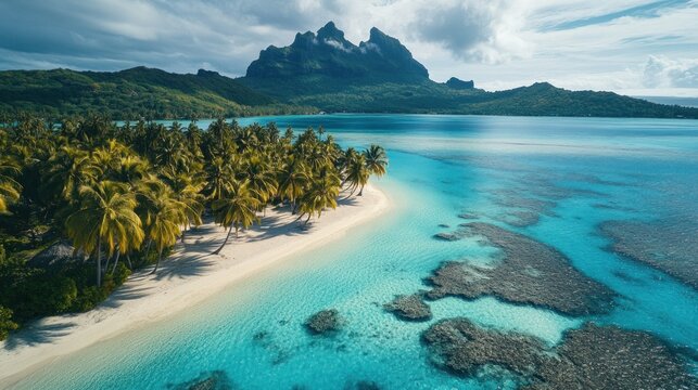 Tropical Paradise: An Aerial View of a Secluded Island with Palm Trees, Turquoise Waters and a Mountain in the Distance