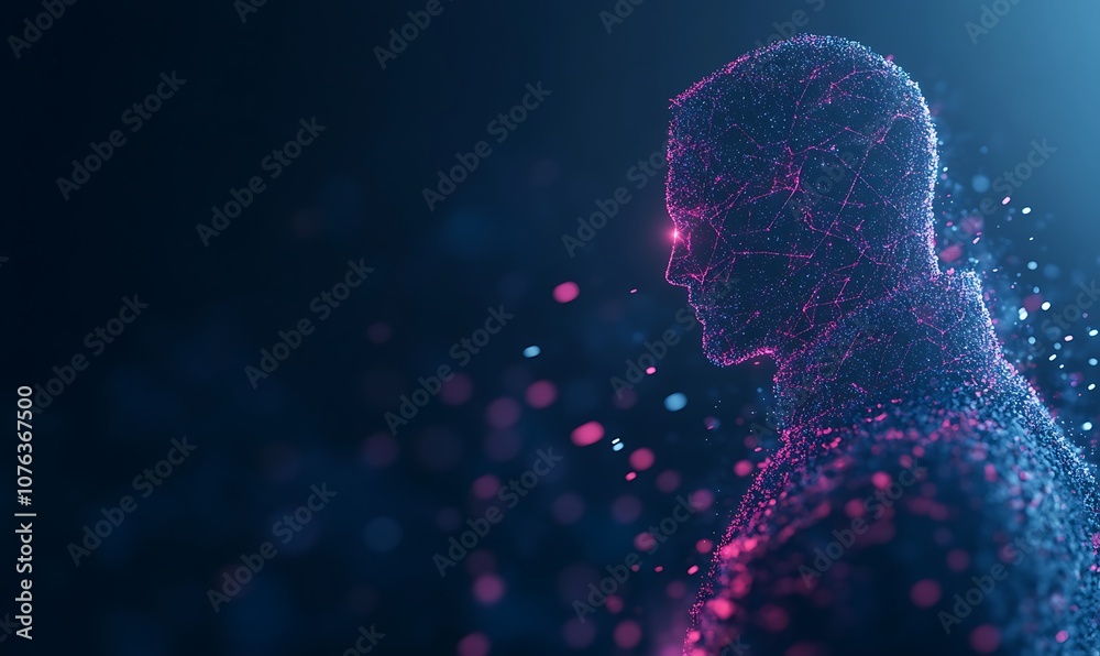Poster a digital figure made of colorful particles glows against a dark background, suggesting themes of te